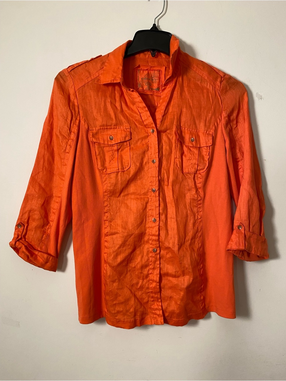 Olsen Bright Orange Button-Front Lightweight Linen Shirt